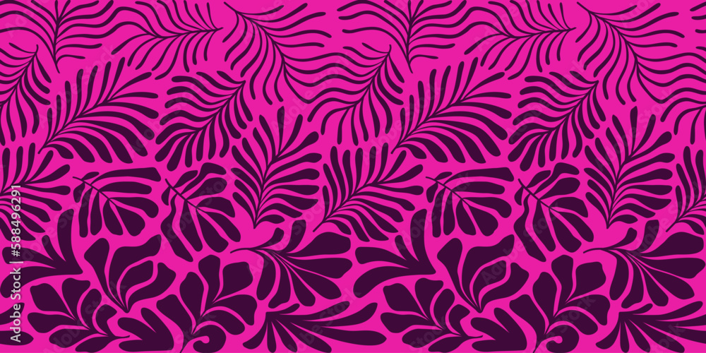 Purple pink abstract background with tropical palm leaves in Matisse style. Vector seamless pattern with Scandinavian cut out elements. Purple pink abstract background with tropical palm leaves in Matisse style. Vector seamless pattern with Scandinavian cut out elements.