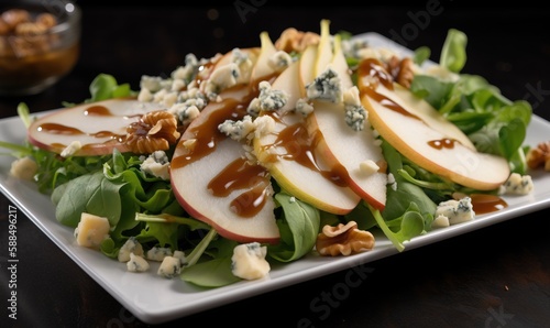  a plate of salad with apples and blue cheese on it. generative ai