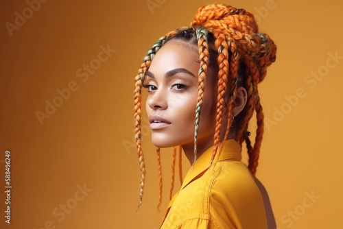 Pretty young afro-american woman with braids on the bright studio background. Generative AI