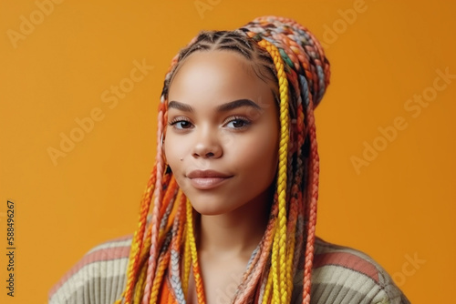 Pretty young afro-american woman with braids on the bright studio background. Generative AI