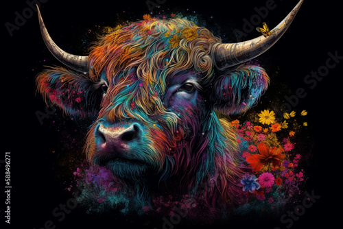 Highland cow in vibrant neon colors and flower petals isolated on black with a retro style, Created using generative AI tools.