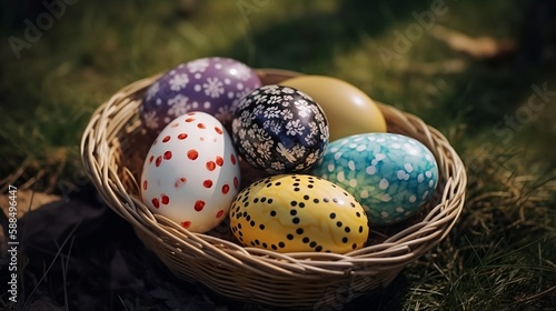 easter eggs in a basket, colorful easter eggs in the garden