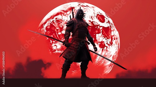 japanese samurai warrior, red samurai suit, red moon, disciplined, created with generative AI