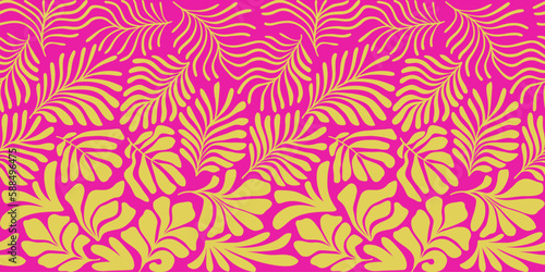 Yellow pink abstract background with tropical palm leaves in Matisse style. Vector seamless pattern with Scandinavian cut out elements.