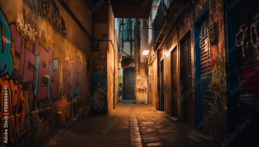 Obraz premium Dark old architecture, dirty narrow street illuminated spooky lantern generated by AI