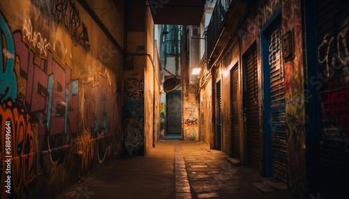 Dark old architecture  dirty narrow street illuminated spooky lantern generated by AI