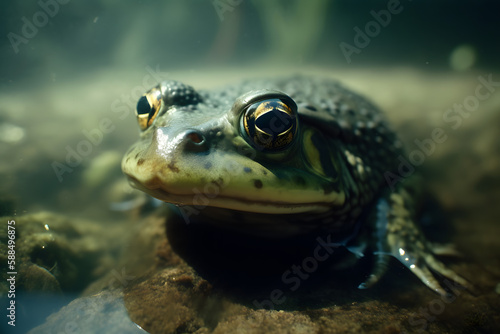 Bullfrog in fresh water. Generative AI © PIRMYN