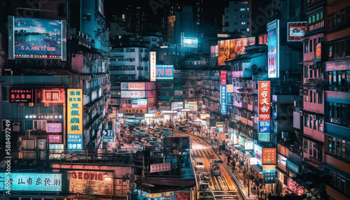 Glowing neon lights illuminate busy Mong Kok generated by AI