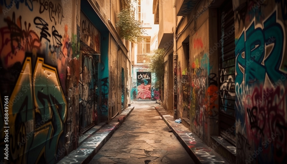 City life illuminated by multi-colored graffiti art generated by AI