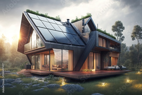 house with many photovoltaic panels on the roof. ai generative