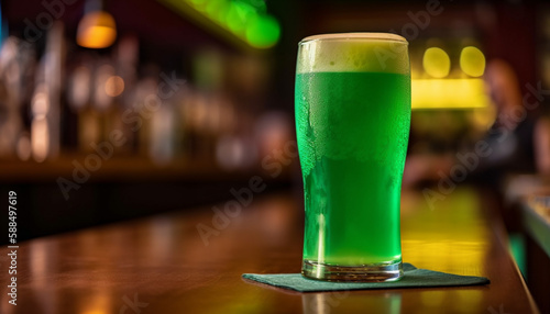 Frothy pint, pub celebration, green background illuminated generated by AI