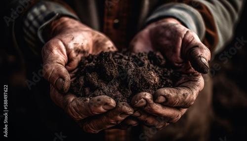 Caucasian farmer planting seedling in fresh dirt generated by AI