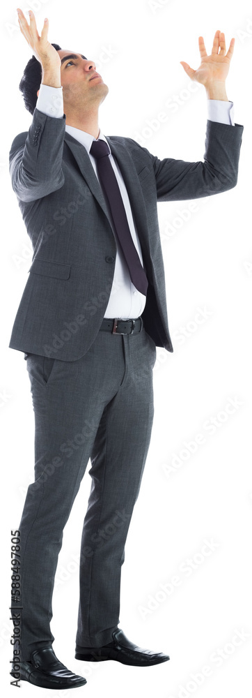 Unsmiling businessman with arms raised Unsmiling businessman with arms raised