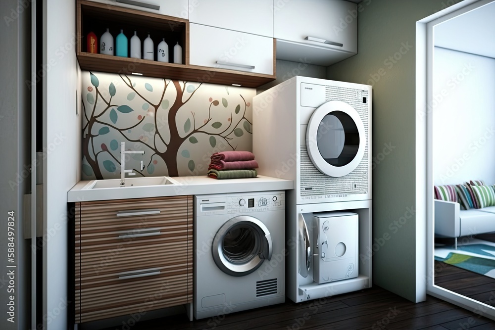 home laundry room furniture with modern washing machine. ai generative home laundry room furniture with modern washing machine. ai generative