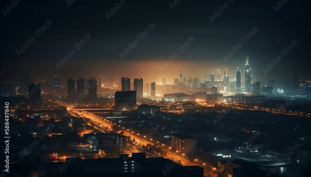 Glowing city skyline illuminates night in modern metropolis generated by AI