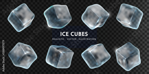 Ttranslucent ice cubes of irregular shape isolated on dark background. Realistic vector elements for summer design alcohol and beverage for cooling.