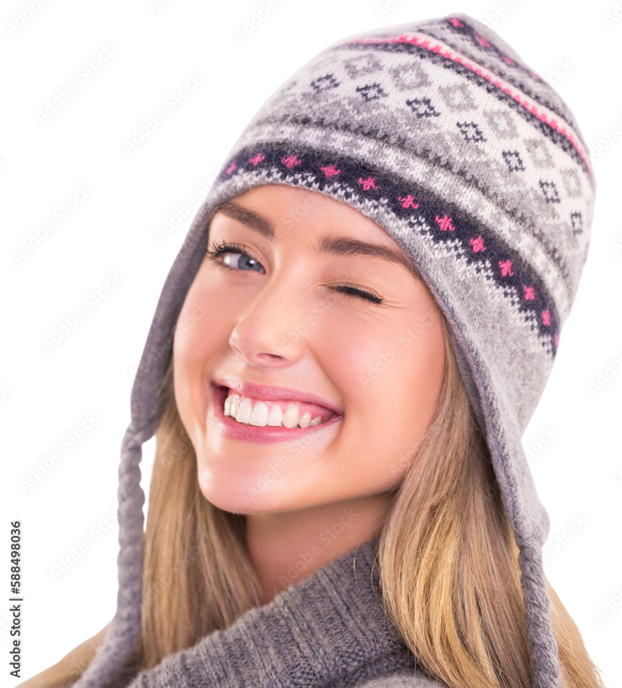 Happy blonde in winter clothes posing Happy blonde in winter clothes posing