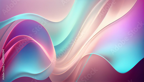 Abstract Shiny neon glass translucent wavy composition with gradient transition, blue pink beige elegant clean background - generative AI.