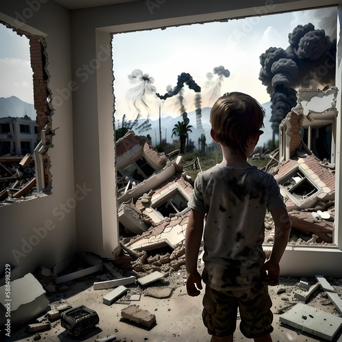 Kleiner, einsamer Junge sieht die Trümmer seines Hauses im Kriegsgebiet, Achtung Minen und herumliegende Waffen, AI generated	 photo