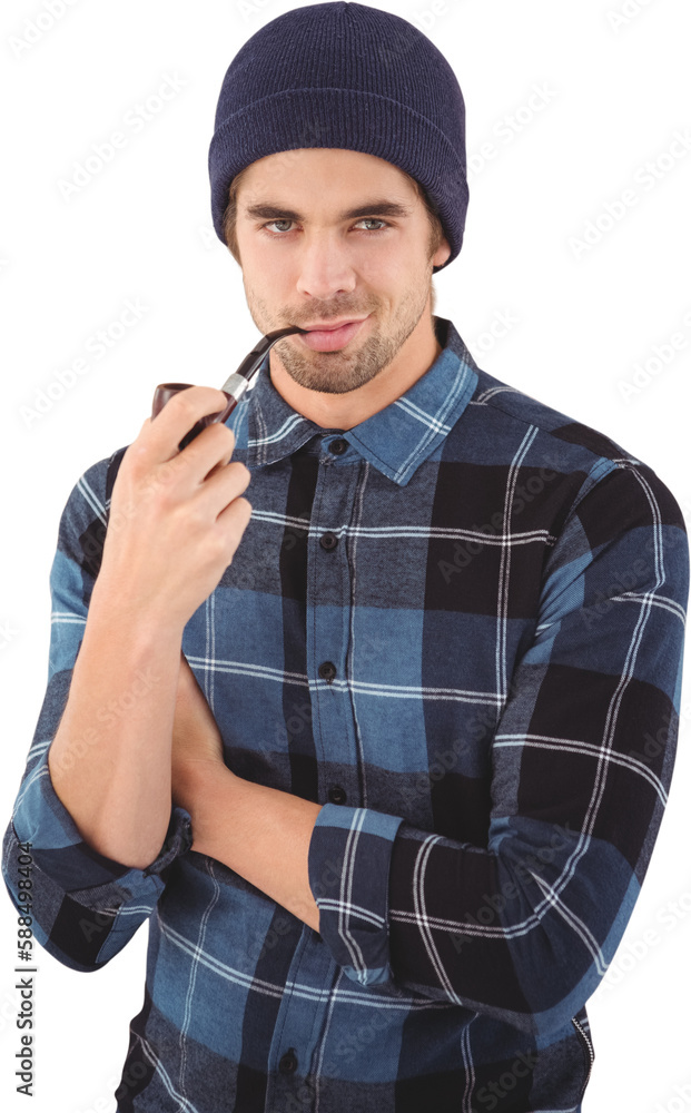 Naklejka premium Portrait of confident hipster smoking pipe