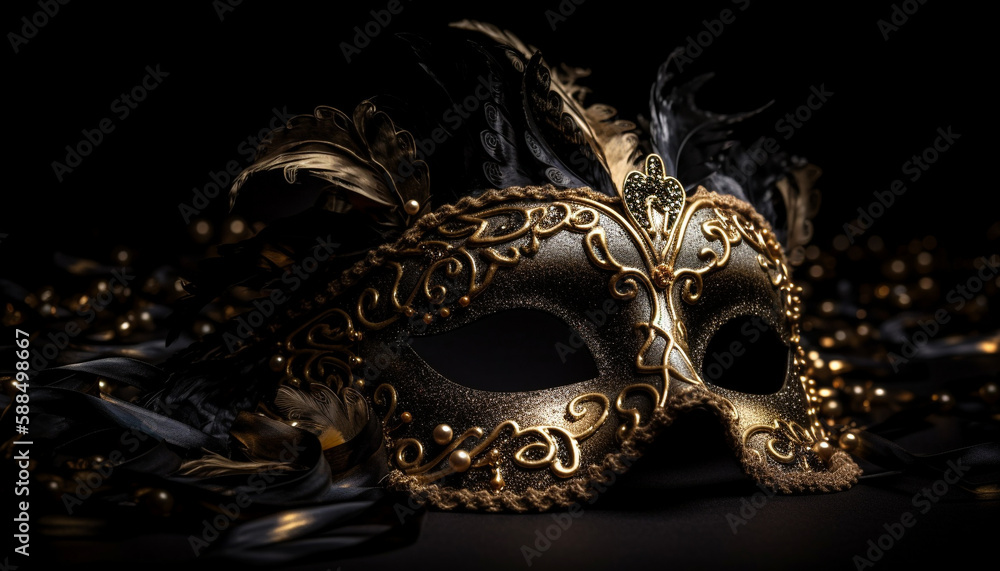 Golden feathered mask brings mystery and elegance generated by AI