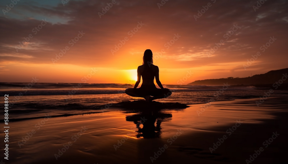 Woman practicing yoga at tranquil beach at dusk generated by AI Woman practicing yoga at tranquil beach at dusk generated by AI
