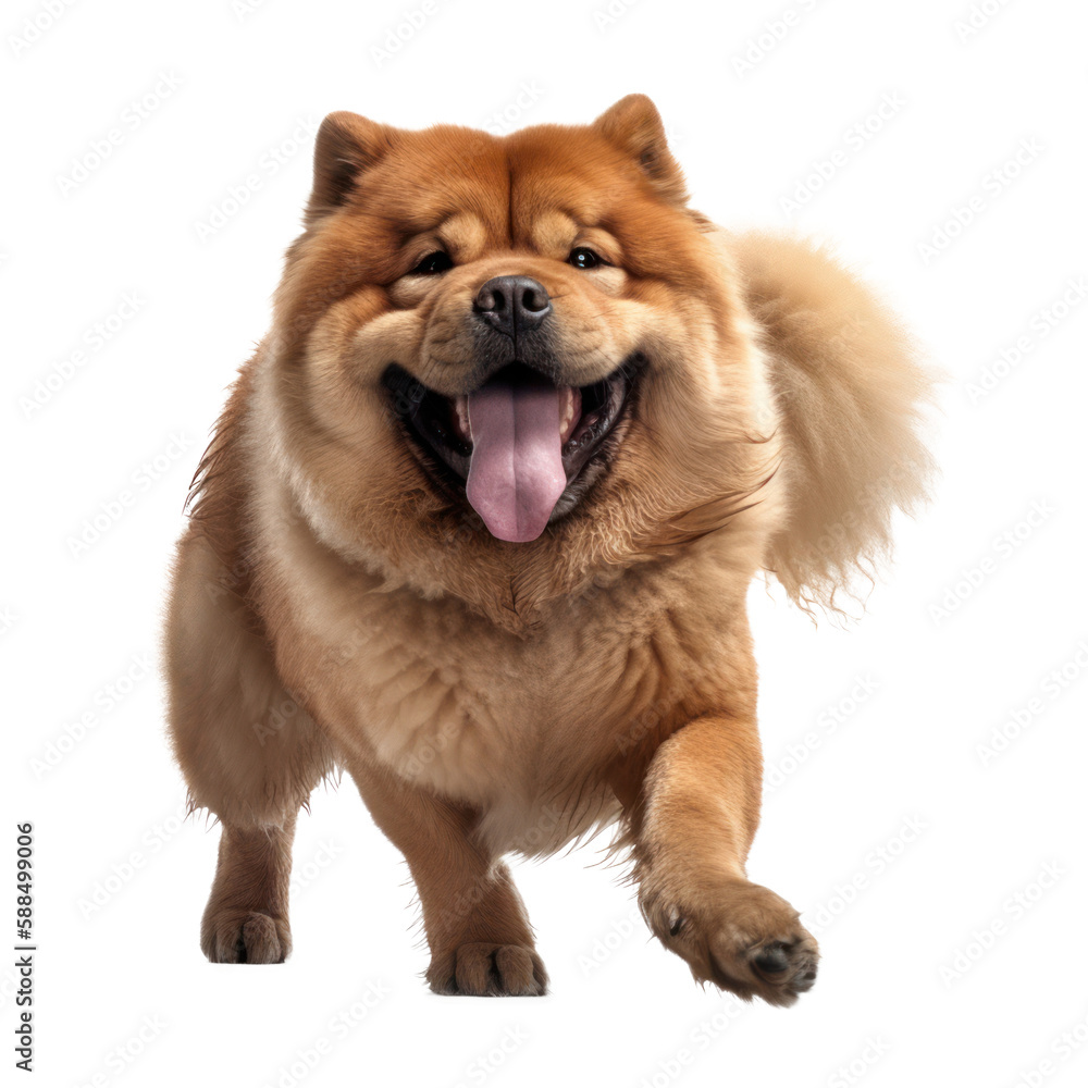 Fototapeta premium Happy Chow Chow dog jumping, isolated transparent background. Generative AI