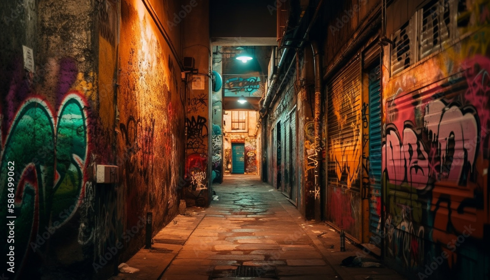 Abandoned paint store, graffiti, spooky night walk generated by AI