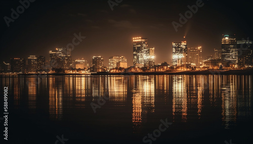 Glowing skyscrapers illuminate city skyline over waterfront generated by AI