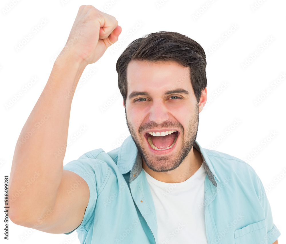 Happy casual man cheering at camera Happy casual man cheering at camera
