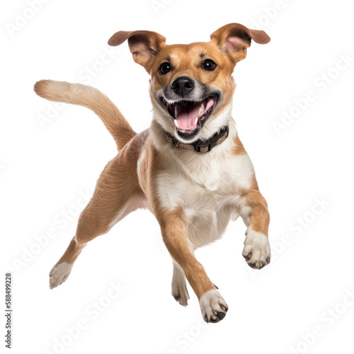 Happy dog jumping, isolated background. Generative AI photo