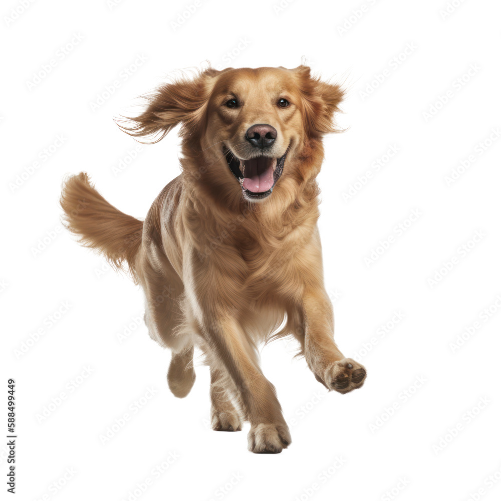 Happy Golden retriever dog jumping, isolated background. Generative AI