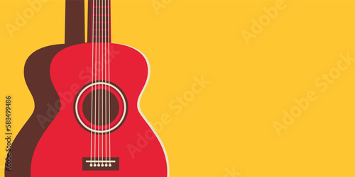 Red acoustic guitar on a yellow background. Nearby there is an empty space for text or copy space.