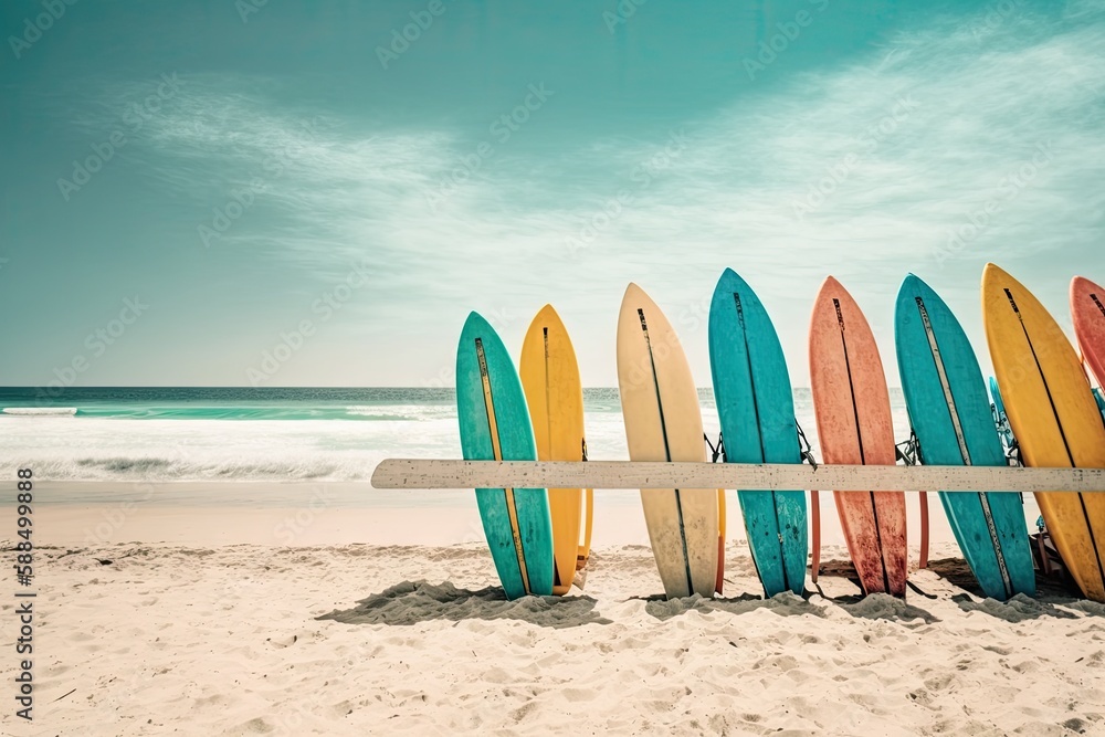 a row of surfboards sitting on top of a sandy beach. ai generative