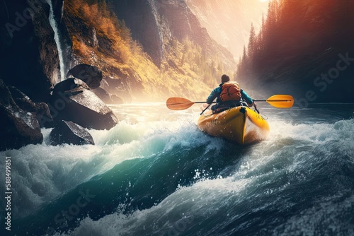 Adventure kayak sails on mountain river with sunlight. ai generative