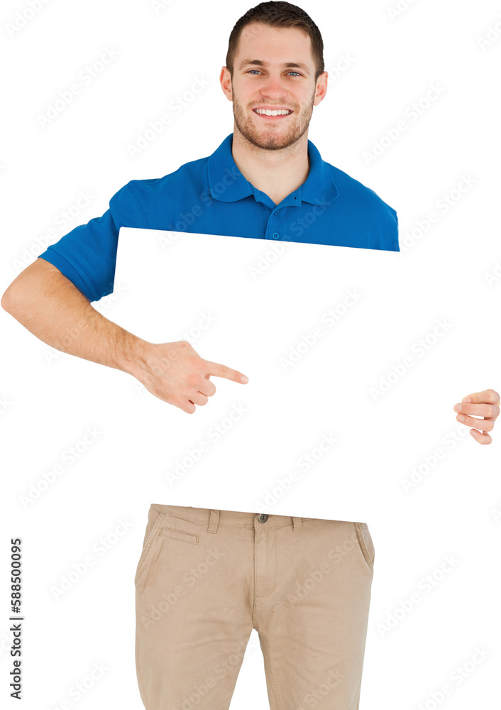 Smiling young salesman pointing at banner in his hands Smiling young salesman pointing at banner in his hands