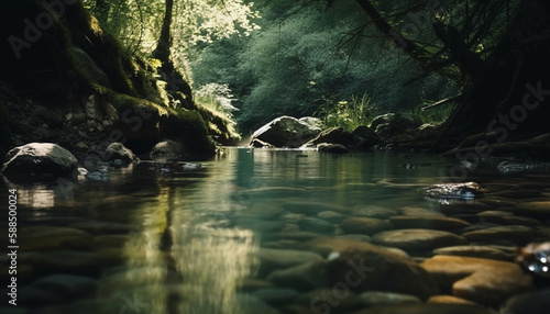 Flowing water reflects tranquil scene in wilderness generated by AI