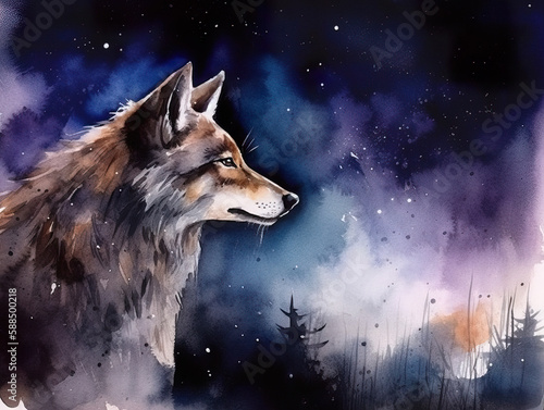 Night Wolf Watercolor Painting Generative AI