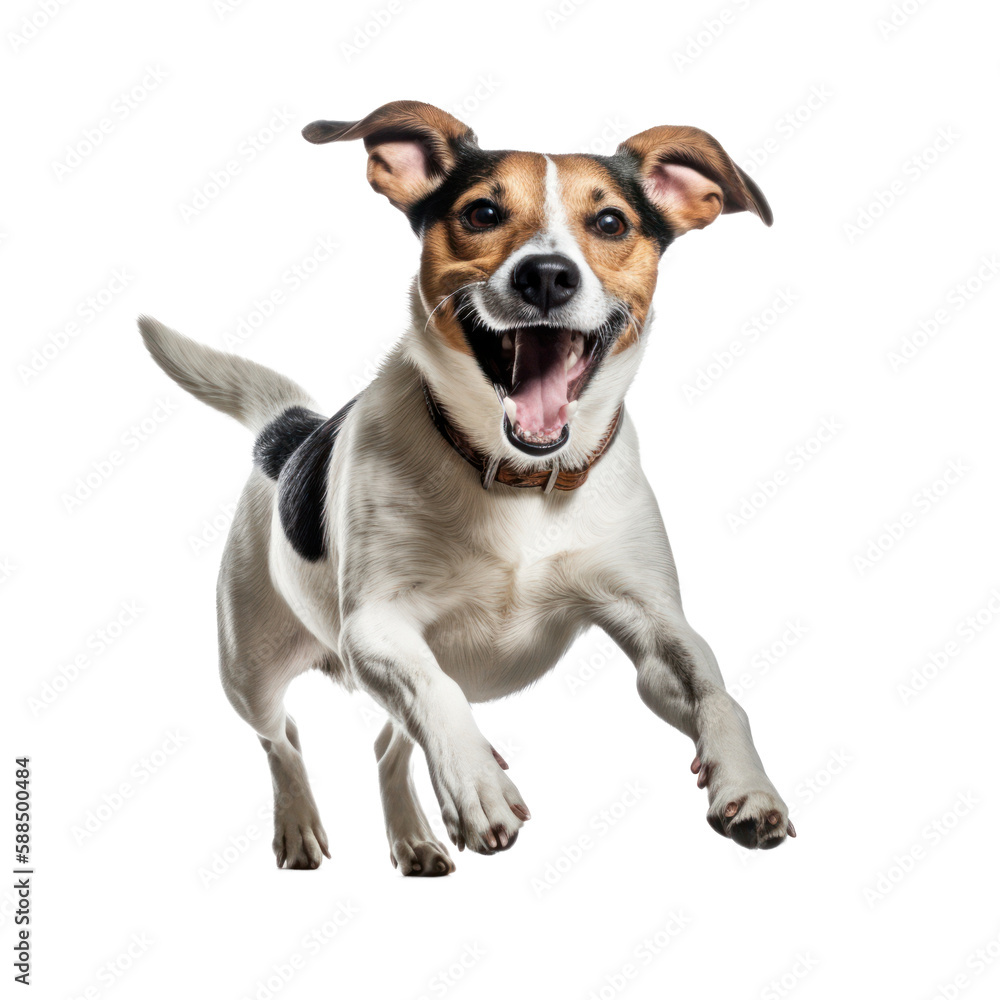 Happy dog jumping, isolated background. Generative AI