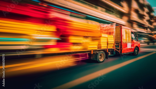 Blurred motion of semi trucks delivering cargo generated by AI