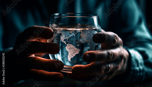 Hand holding glass  liquid reflecting world map generated by AI