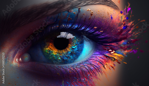 Female eye with colorful pupil. Close-up eye. generative ai