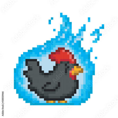 Angry chicken burning in blue fire, black chicken pixel art 