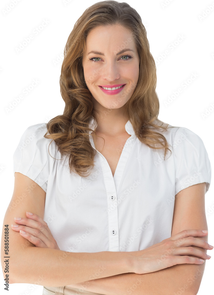 Smiling businesswoman with arms crossed against blinds Smiling businesswoman with arms crossed against blinds