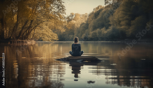 One person meditates outdoors in tranquil nature generated by AI