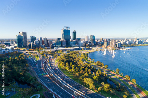 View of Perth CBD, Elizabeth Quay, aerial view over the freeway, Kwinana Fwy, Perth, Western Australia, Australia, ozeanien 