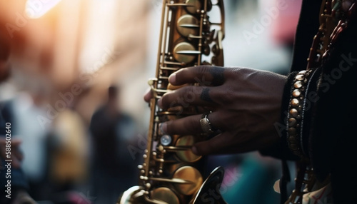 The saxophonist blows brass for outdoor rock concert generated by AI