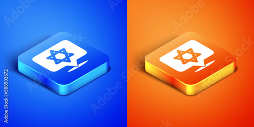 Isometric Star of David icon isolated on blue and orange background. Jewish religion symbol. Symbol of Israel. Square button. Vector