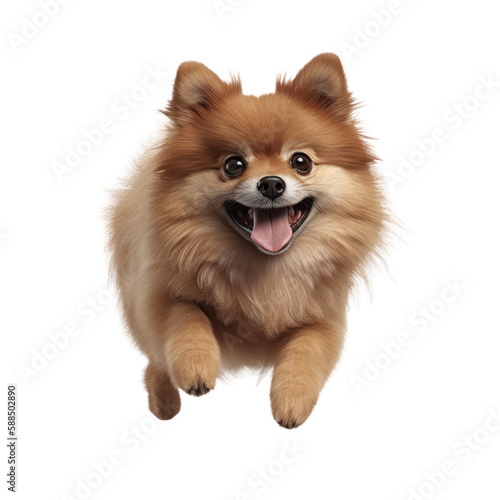 Happy pomeranian dog jumping, isolated background. Generative AI