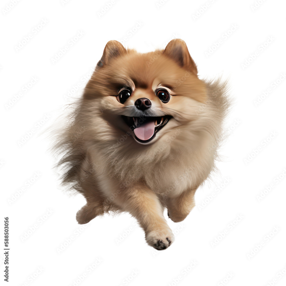 Obraz premium Happy pomeranian dog jumping, isolated background. Generative AI
